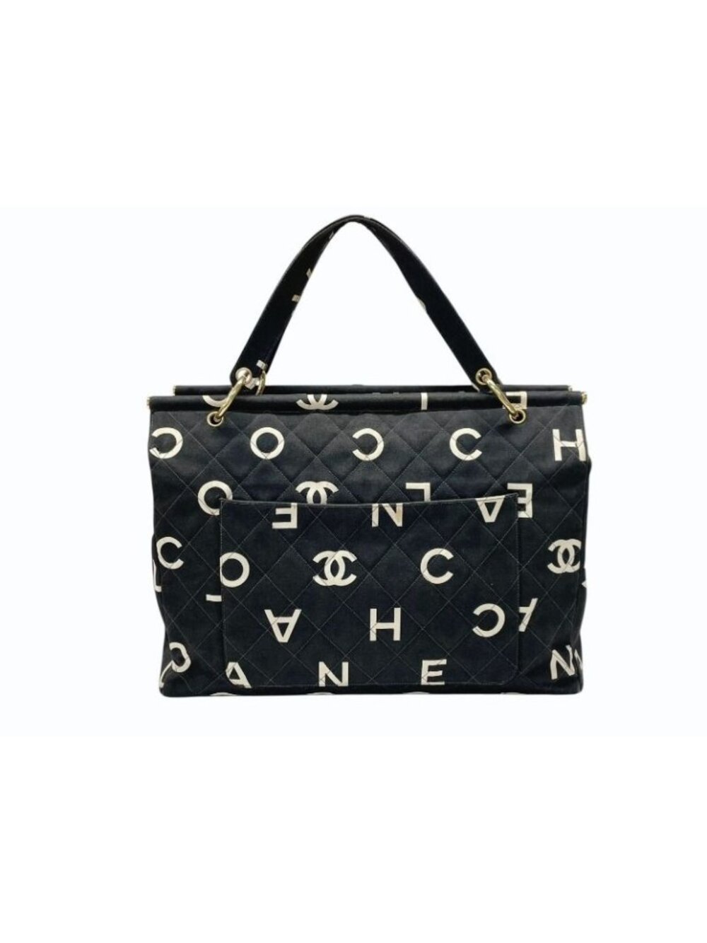 Chanel By Sea Line Tote Bag CC Logo Icon Cotton Canvas Black Gold
